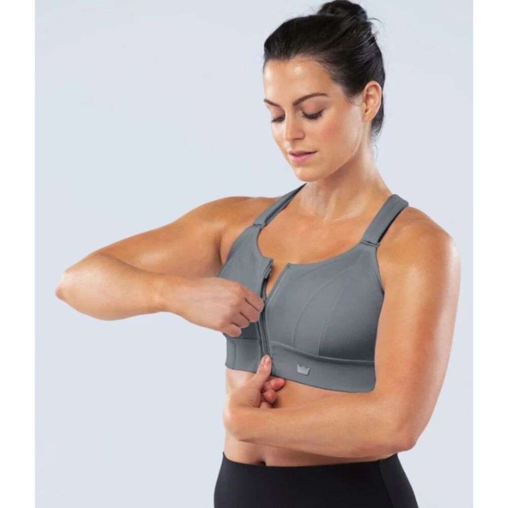 SHE-FIT Gray Sz 4 LUXE Wirefree Front Zip Adjustable High Impact Sports Bra